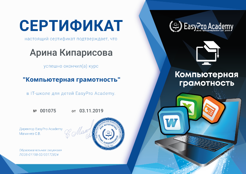 Сертификат "Компьютерная грамотность" в EasyPro Academy