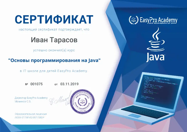 Сертификат "Основы языка Java" в EasyPro Academy