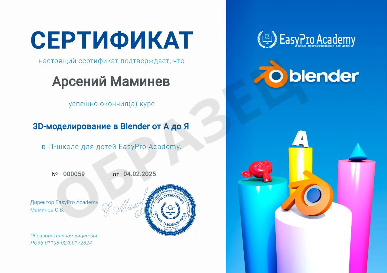 Сертификат "Сертификат курса IT-школы для детей EasyPro Academy" в EasyPro Academy
